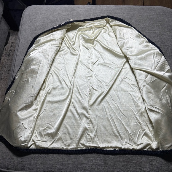 Tongse Studio Navy Cream Tweed Cotton Blend Jacket Medium Lined Open Front - Picture 9 of 10